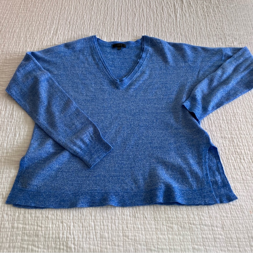 JCrew Heather blue wool/linen double v neck sweater